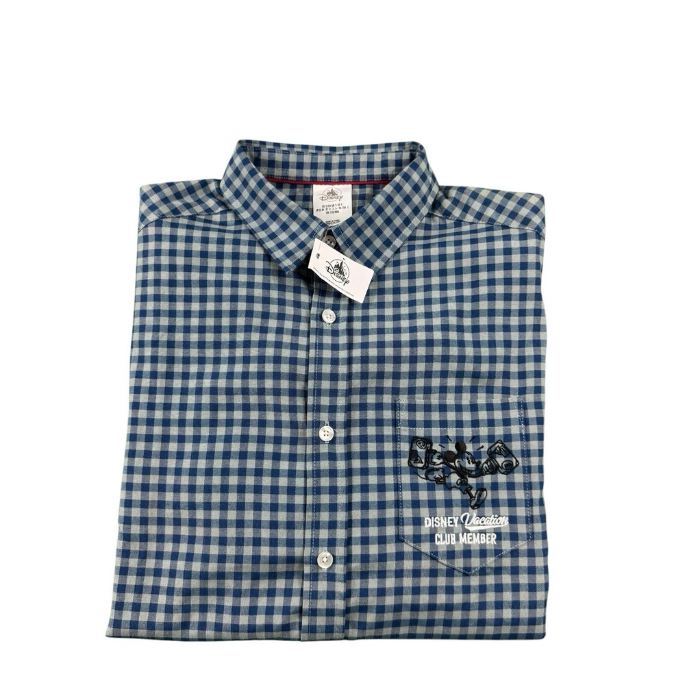 Disney Vacation Club Member Shirt Mens Small Blue Gray Check Button Front NWT